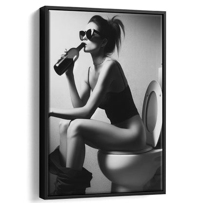 Woman Sitting On Toilet Framed Canvas Print Wall Art, Girl On Toilet Drinking Wine Black and White Funny Bathroom Art