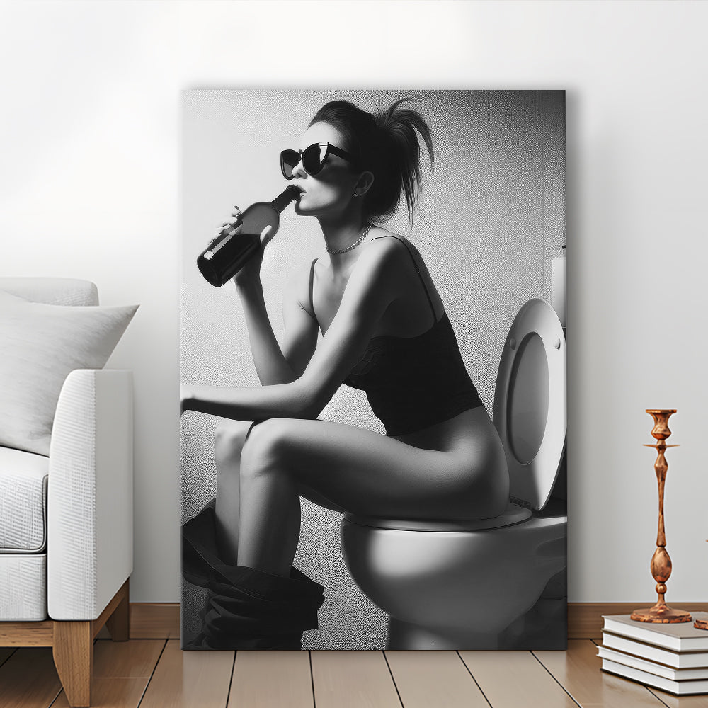 Woman Sitting On Toilet Canvas Print Wall Art, Girl On Toilet Drinking Wine Black and White Funny Bathroom Art