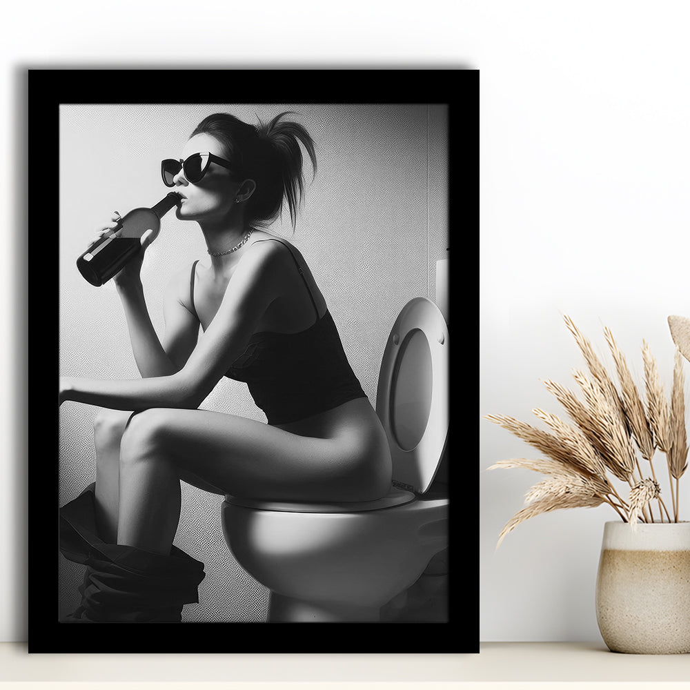 Woman Sitting On Toilet Framed Art Print Wall Decor, Girl On Toilet Drinking Wine Black and White Funny Bathroom Art
