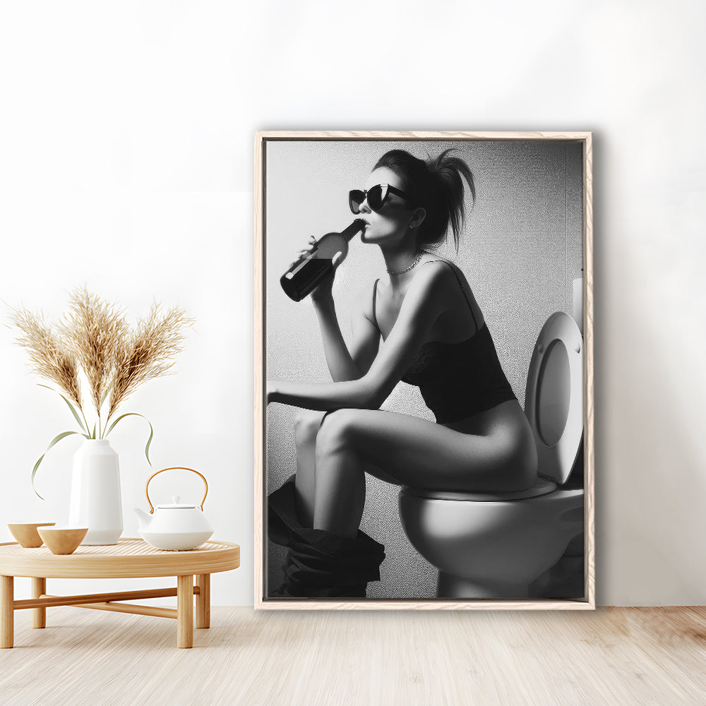 Woman Sitting On Toilet Framed Canvas Print Wall Art, Girl On Toilet Drinking Wine Black and White Funny Bathroom Art