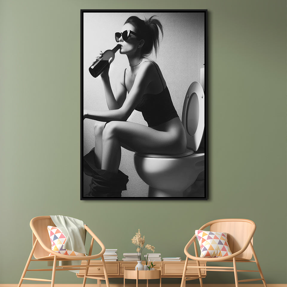 Woman Sitting On Toilet Framed Canvas Print Wall Art, Girl On Toilet Drinking Wine Black and White Funny Bathroom Art
