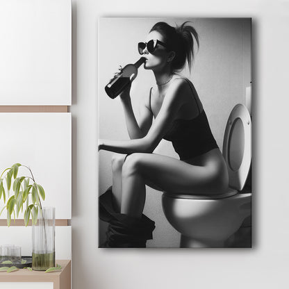 Woman Sitting On Toilet Canvas Print Wall Art, Girl On Toilet Drinking Wine Black and White Funny Bathroom Art