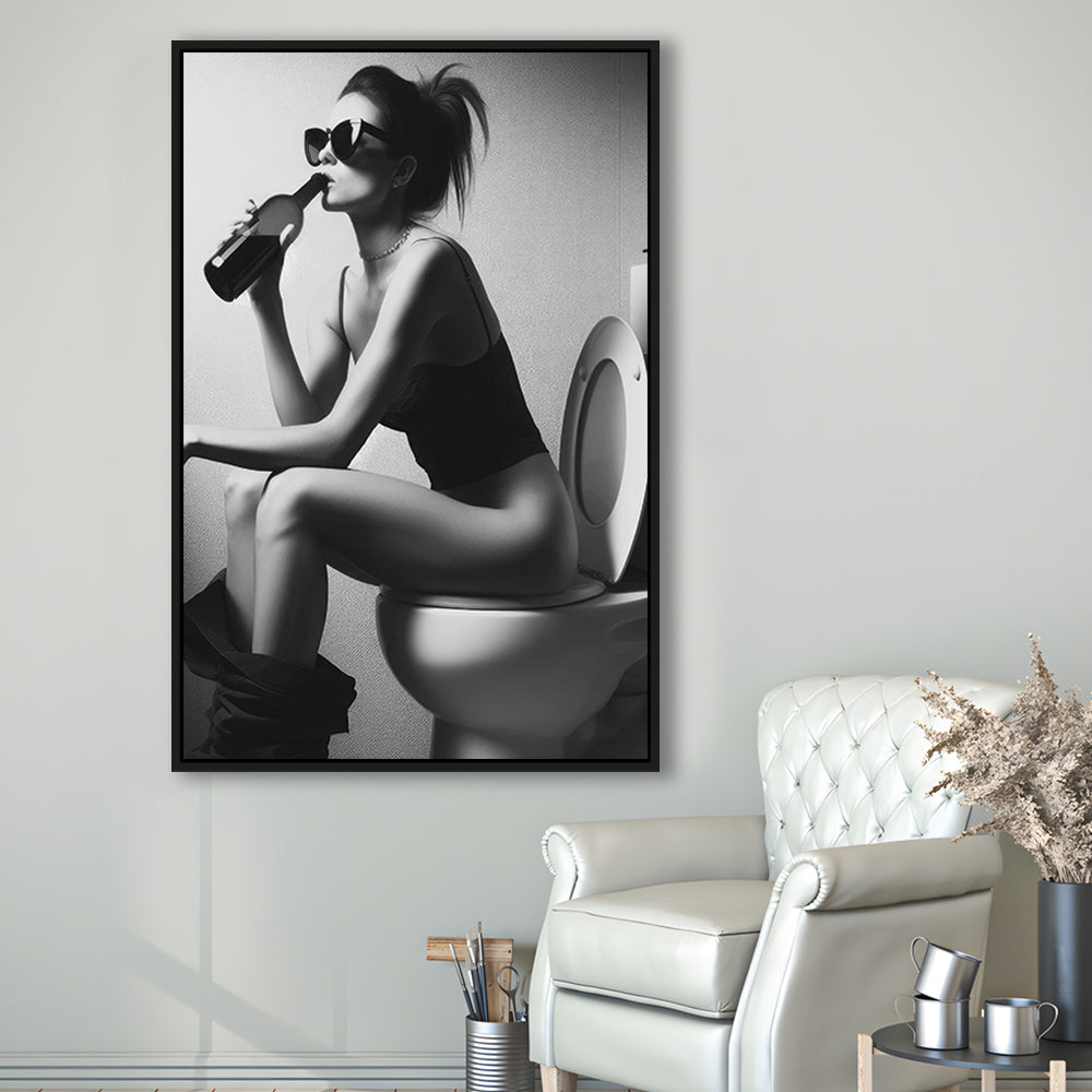 Woman Sitting On Toilet Framed Canvas Print Wall Art, Girl On Toilet Drinking Wine Black and White Funny Bathroom Art