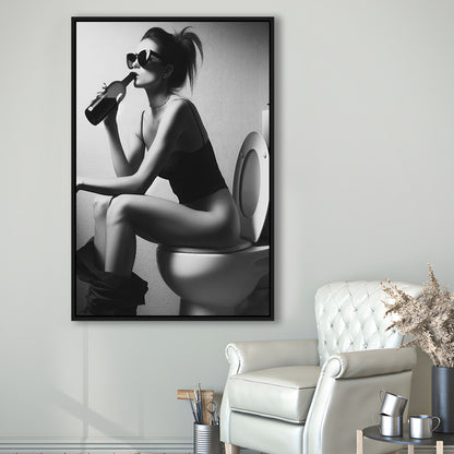 Woman Sitting On Toilet Framed Canvas Print Wall Art, Girl On Toilet Drinking Wine Black and White Funny Bathroom Art