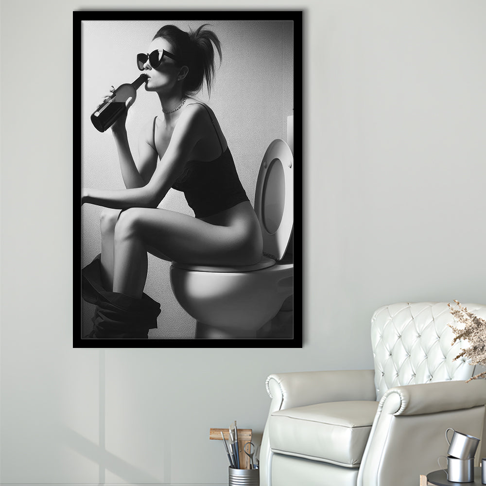 Woman Sitting On Toilet Framed Art Print Wall Decor, Girl On Toilet Drinking Wine Black and White Funny Bathroom Art