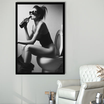 Woman Sitting On Toilet Framed Art Print Wall Decor, Girl On Toilet Drinking Wine Black and White Funny Bathroom Art