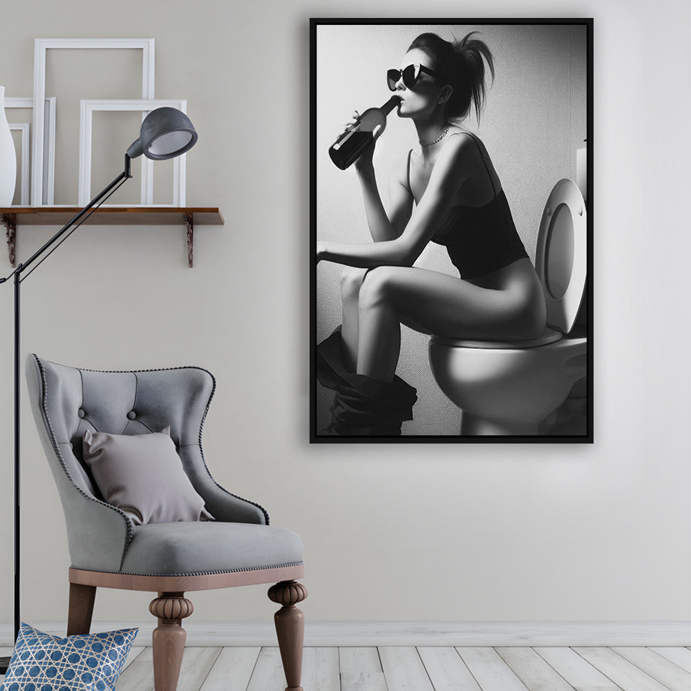 Woman Sitting On Toilet Framed Canvas Print Wall Art, Girl On Toilet Drinking Wine Black and White Funny Bathroom Art