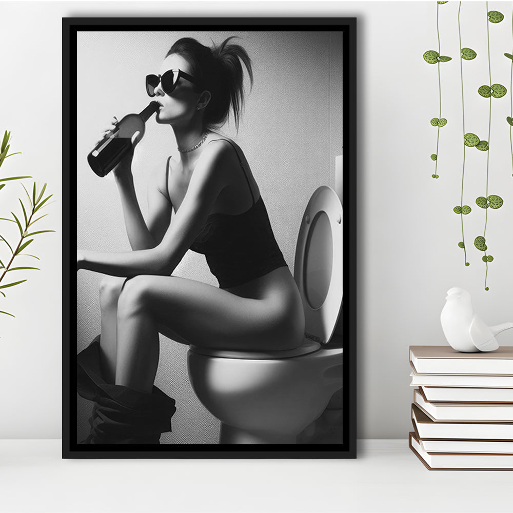 Woman Sitting On Toilet Framed Canvas Print Wall Art, Girl On Toilet Drinking Wine Black and White Funny Bathroom Art