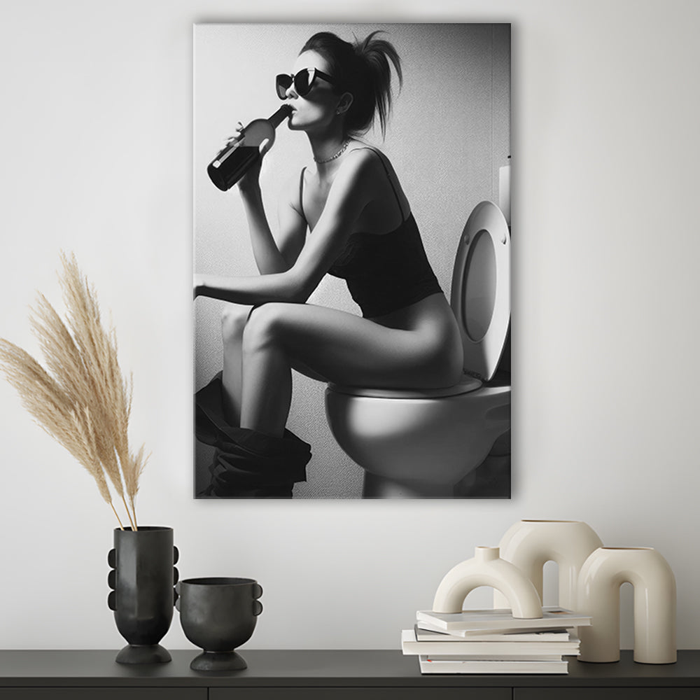 Woman Sitting On Toilet Canvas Print Wall Art, Girl On Toilet Drinking Wine Black and White Funny Bathroom Art