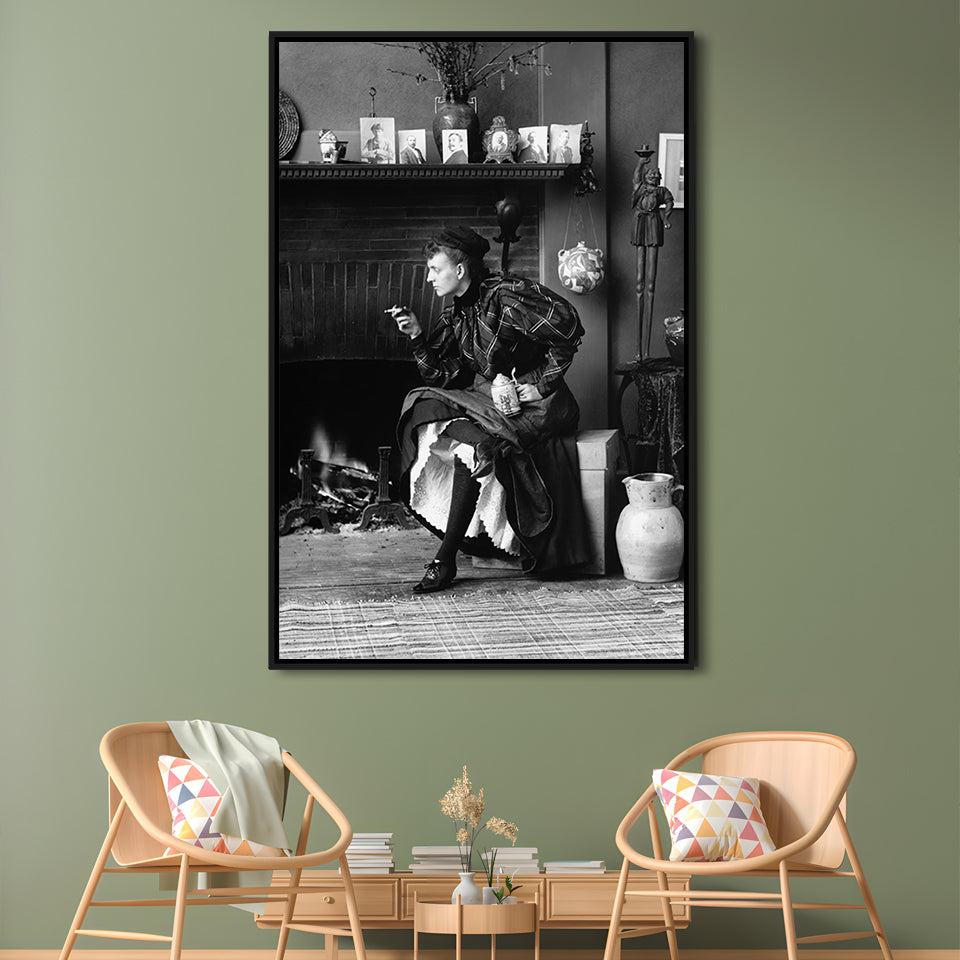 Woman Smoking & Drinking Beer Black and White Art Antique Portrait, Floating Framed Canvas Print