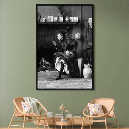 Woman Smoking & Drinking Beer Black and White Art Antique Portrait, Floating Framed Canvas Print