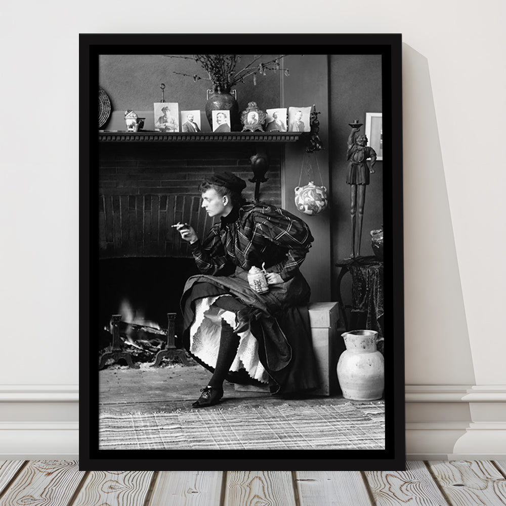 Woman Smoking & Drinking Beer Black and White Art Antique Portrait, Floating Framed Canvas Print