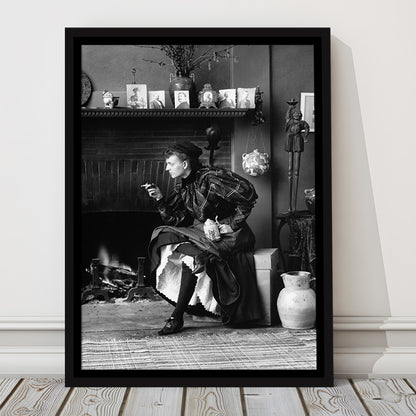 Woman Smoking & Drinking Beer Black and White Art Antique Portrait, Floating Framed Canvas Print