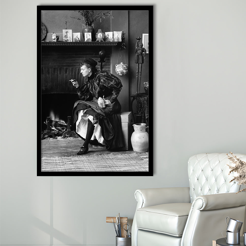 Woman Smoking & Drinking Beer Black and White Art Antique Portrait, Framed Art Print Wall Decor