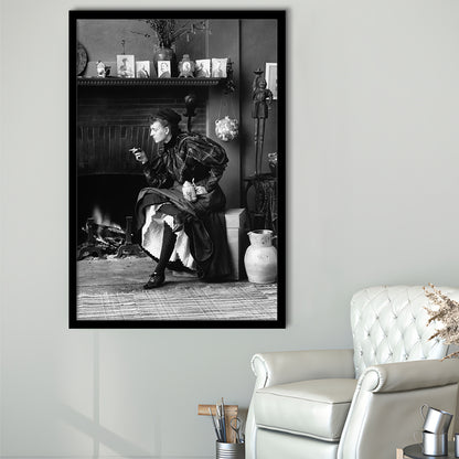 Woman Smoking & Drinking Beer Black and White Art Antique Portrait, Framed Art Print Wall Decor