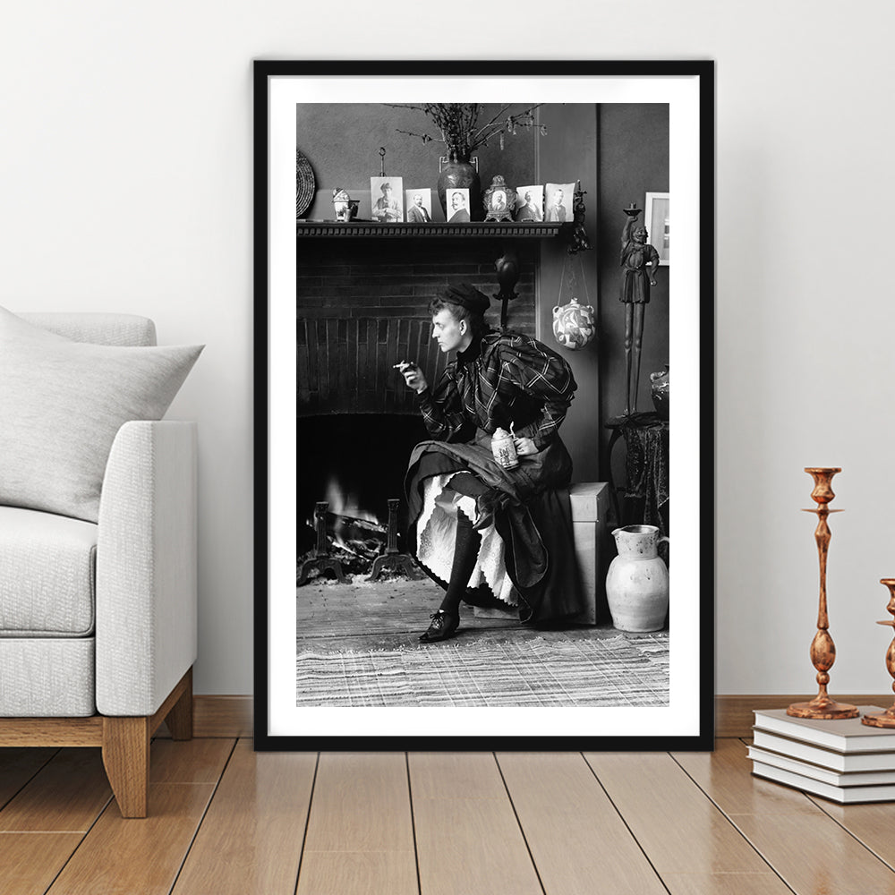Woman Smoking & Drinking Beer Black and White Art Antique Portrait, Framed Art Print White Border Wall Decor