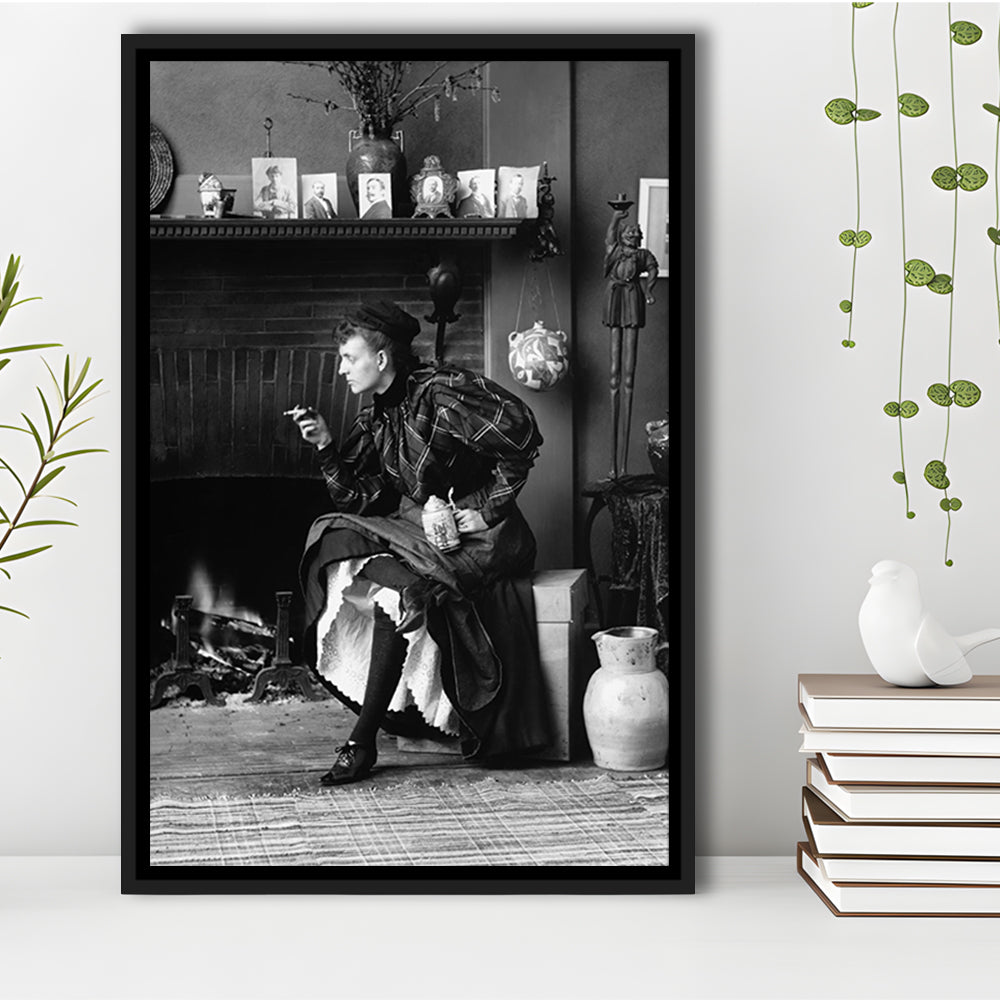 Woman Smoking & Drinking Beer Black and White Art Antique Portrait, Floating Framed Canvas Print