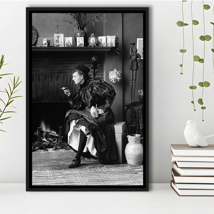 Woman Smoking & Drinking Beer Black and White Art Antique Portrait, Floating Framed Canvas Print