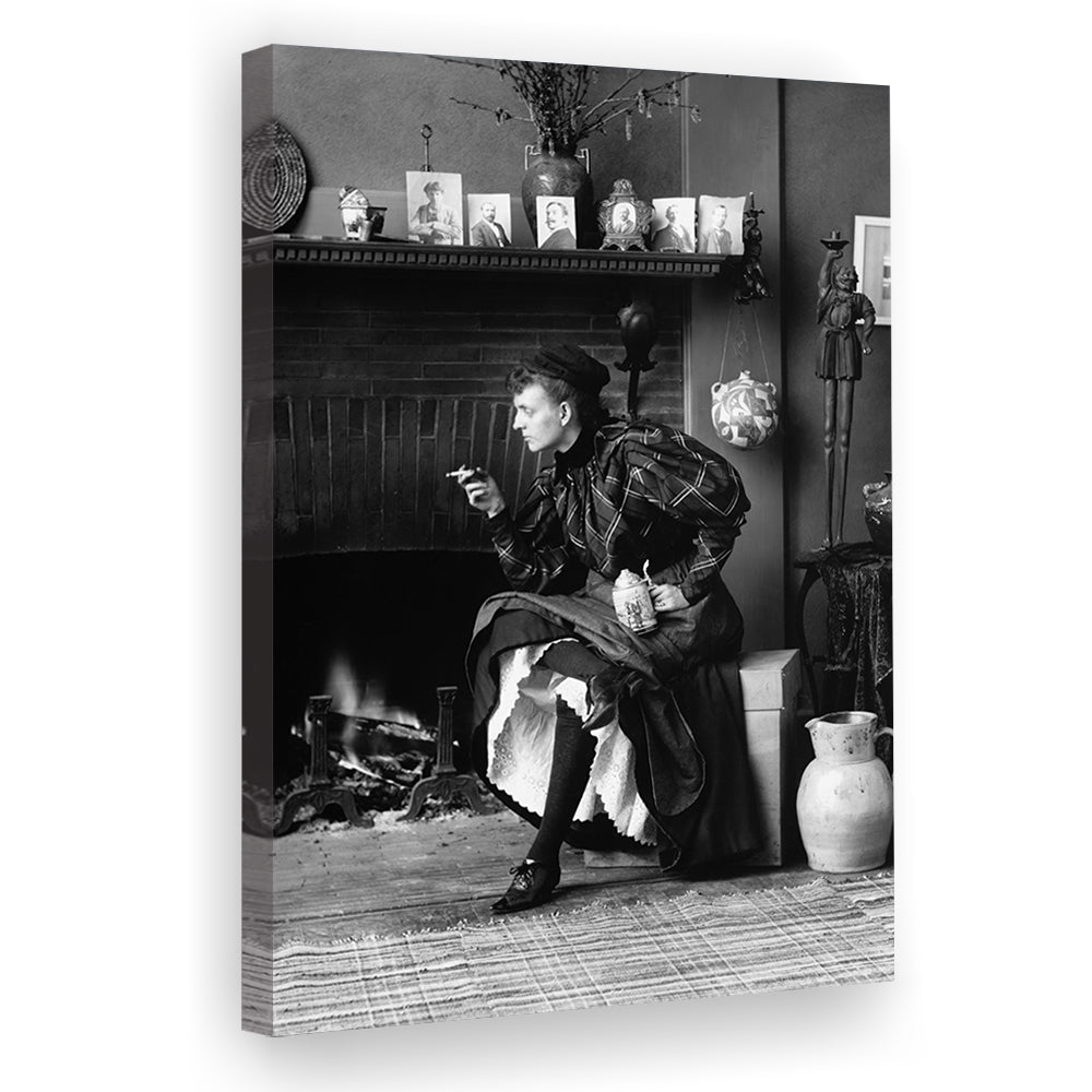 Woman Smoking & Drinking Beer Black and White Art Antique Portrait, Canvas Print Wall Art
