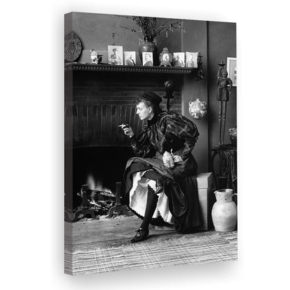 Woman Smoking & Drinking Beer Black and White Art Antique Portrait, Canvas Print Wall Art