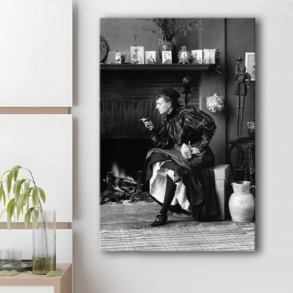 Woman Smoking & Drinking Beer Black and White Art Antique Portrait, Canvas Print Wall Art