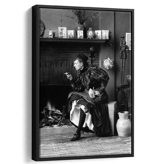 Woman Smoking & Drinking Beer Black and White Art Antique Portrait, Floating Framed Canvas Print