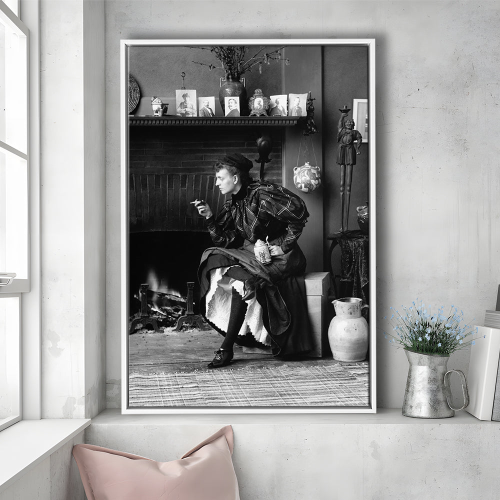 Woman Smoking & Drinking Beer Black and White Art Antique Portrait, Floating Framed Canvas Print