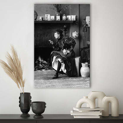Woman Smoking & Drinking Beer Black and White Art Antique Portrait, Canvas Print Wall Art