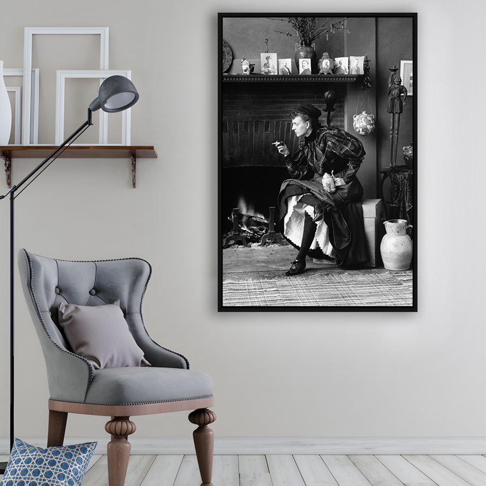 Woman Smoking & Drinking Beer Black and White Art Antique Portrait, Floating Framed Canvas Print