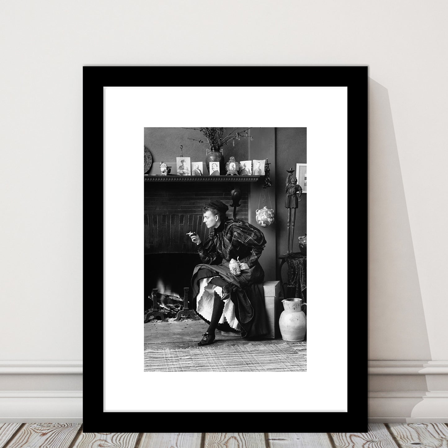 Woman Smoking & Drinking Beer Black and White Art Antique Portrait, Framed Art Print White Border Wall Decor