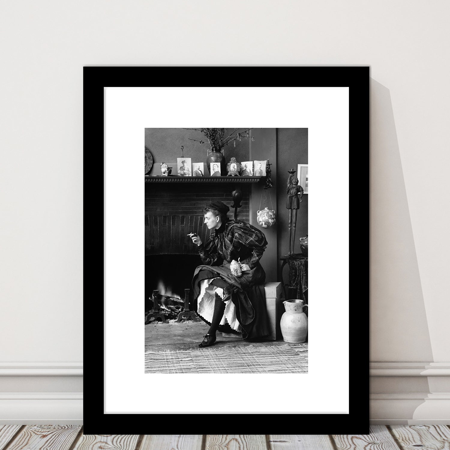 Woman Smoking & Drinking Beer Black and White Art Antique Portrait, Framed Art Print White Border Wall Decor