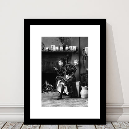Woman Smoking & Drinking Beer Black and White Art Antique Portrait, Framed Art Print White Border Wall Decor