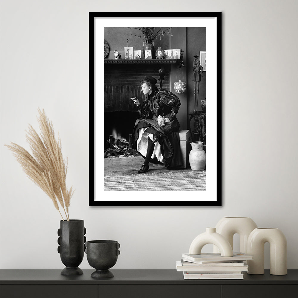 Woman Smoking & Drinking Beer Black and White Art Antique Portrait, Framed Art Print White Border Wall Decor
