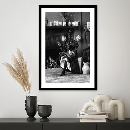 Woman Smoking & Drinking Beer Black and White Art Antique Portrait, Framed Art Print White Border Wall Decor