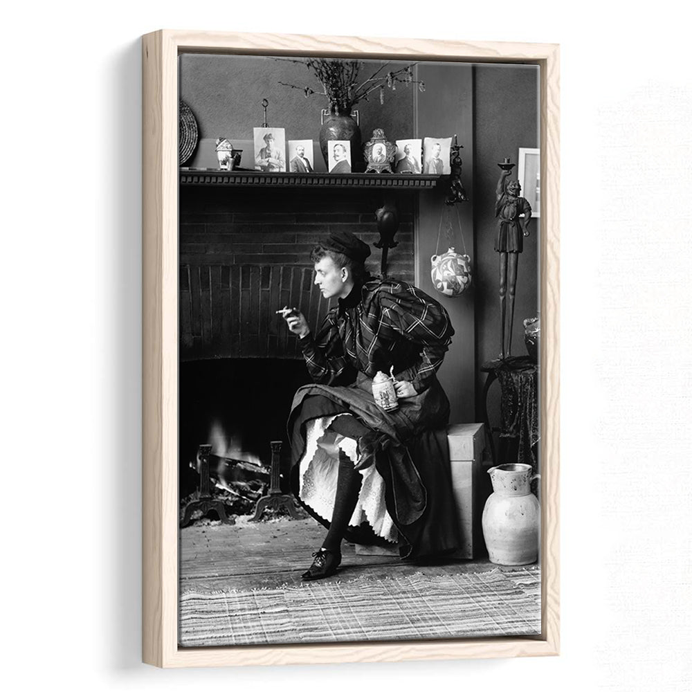 Woman Smoking & Drinking Beer Black and White Art Antique Portrait, Floating Framed Canvas Print