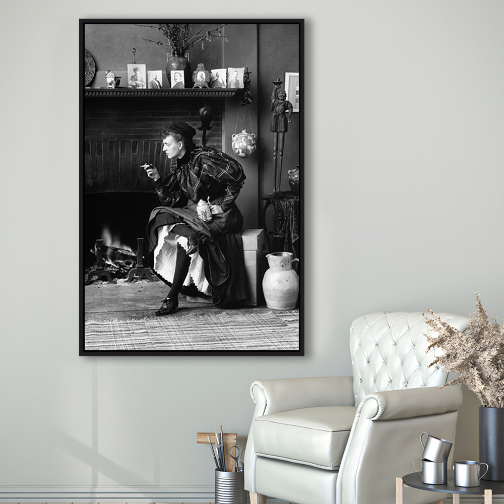 Woman Smoking & Drinking Beer Black and White Art Antique Portrait, Floating Framed Canvas Print