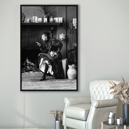 Woman Smoking & Drinking Beer Black and White Art Antique Portrait, Floating Framed Canvas Print