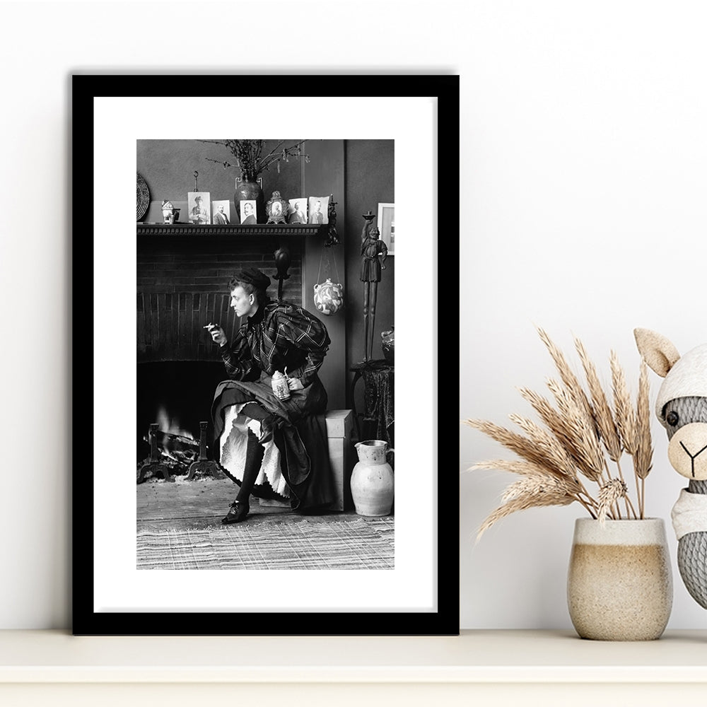 Woman Smoking & Drinking Beer Black and White Art Antique Portrait, Framed Art Print White Border Wall Decor