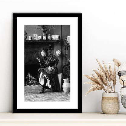 Woman Smoking & Drinking Beer Black and White Art Antique Portrait, Framed Art Print White Border Wall Decor
