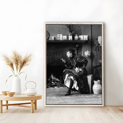 Woman Smoking & Drinking Beer Black and White Art Antique Portrait, Floating Framed Canvas Print