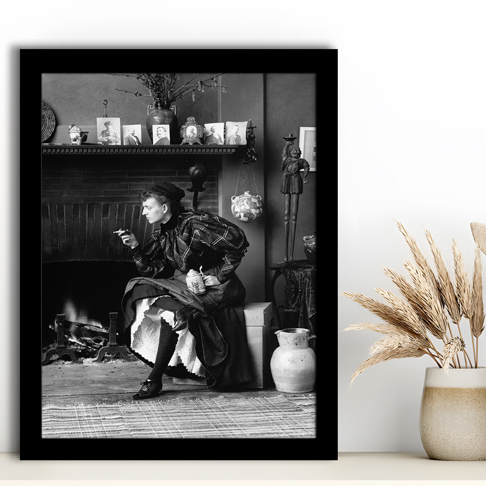 Woman Smoking & Drinking Beer Black and White Art Antique Portrait, Framed Art Print Wall Decor