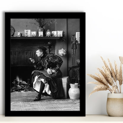 Woman Smoking & Drinking Beer Black and White Art Antique Portrait, Framed Art Print Wall Decor