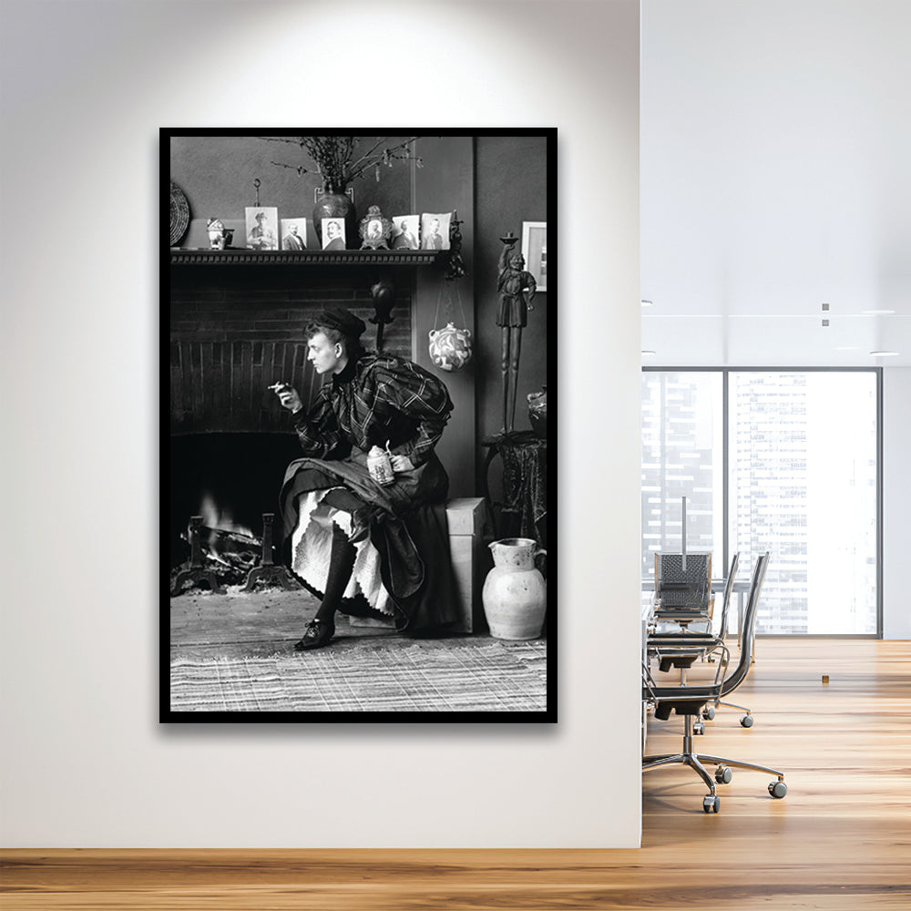 Woman Smoking & Drinking Beer Black and White Art Antique Portrait, Framed Art Print Wall Decor