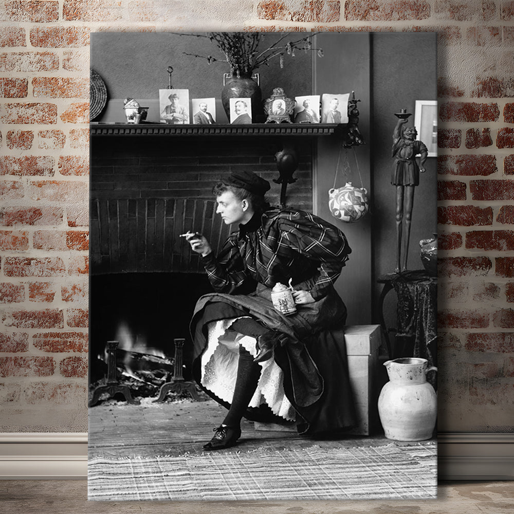 Woman Smoking & Drinking Beer Black and White Art Antique Portrait, Canvas Print Wall Art