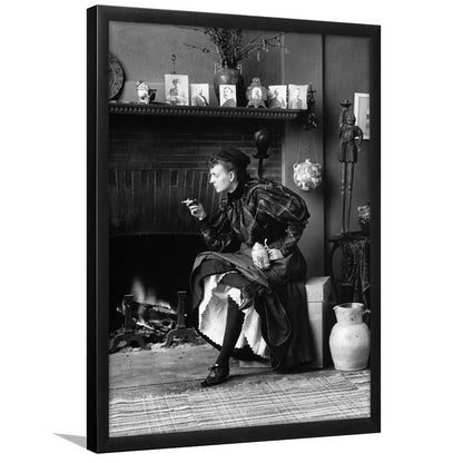 Woman Smoking & Drinking Beer Black and White Art Antique Portrait, Framed Art Print Wall Decor