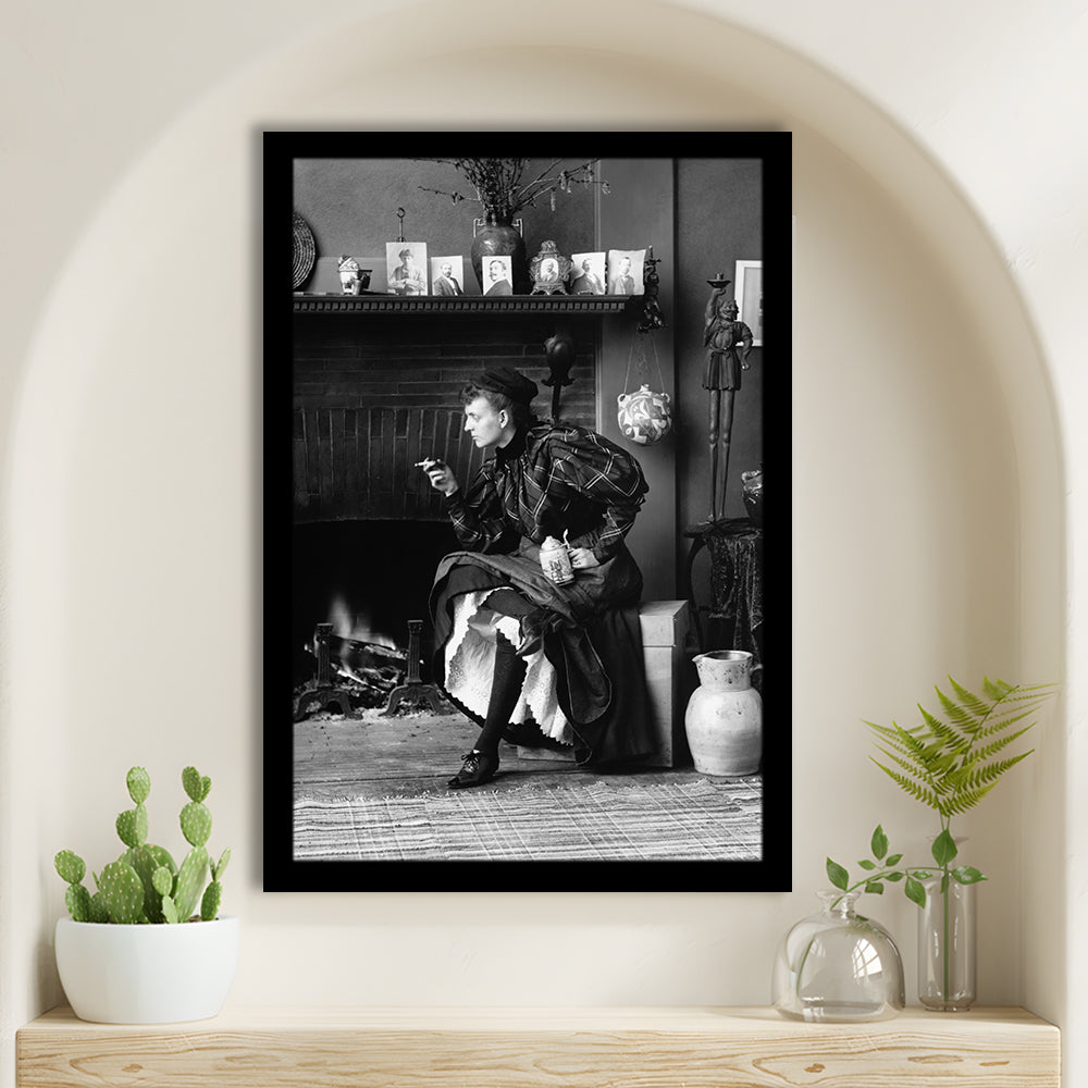 Woman Smoking & Drinking Beer Black and White Art Antique Portrait, Framed Art Print Wall Decor