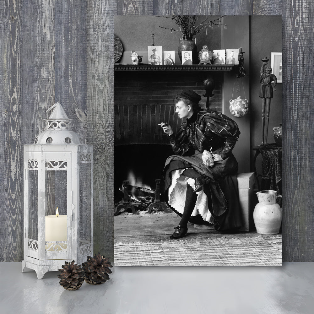 Woman Smoking & Drinking Beer Black and White Art Antique Portrait, Canvas Print Wall Art