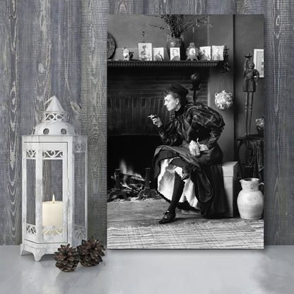 Woman Smoking & Drinking Beer Black and White Art Antique Portrait, Canvas Print Wall Art