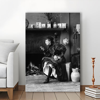 Woman Smoking & Drinking Beer Black and White Art Antique Portrait, Canvas Print Wall Art