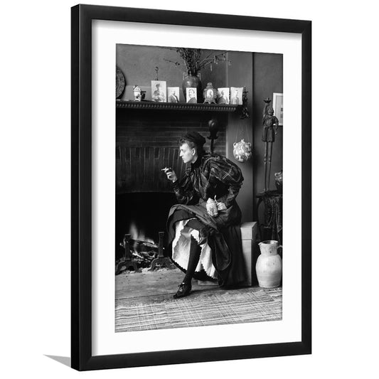Woman Smoking & Drinking Beer Black and White Art Antique Portrait, Framed Art Print White Border Wall Decor